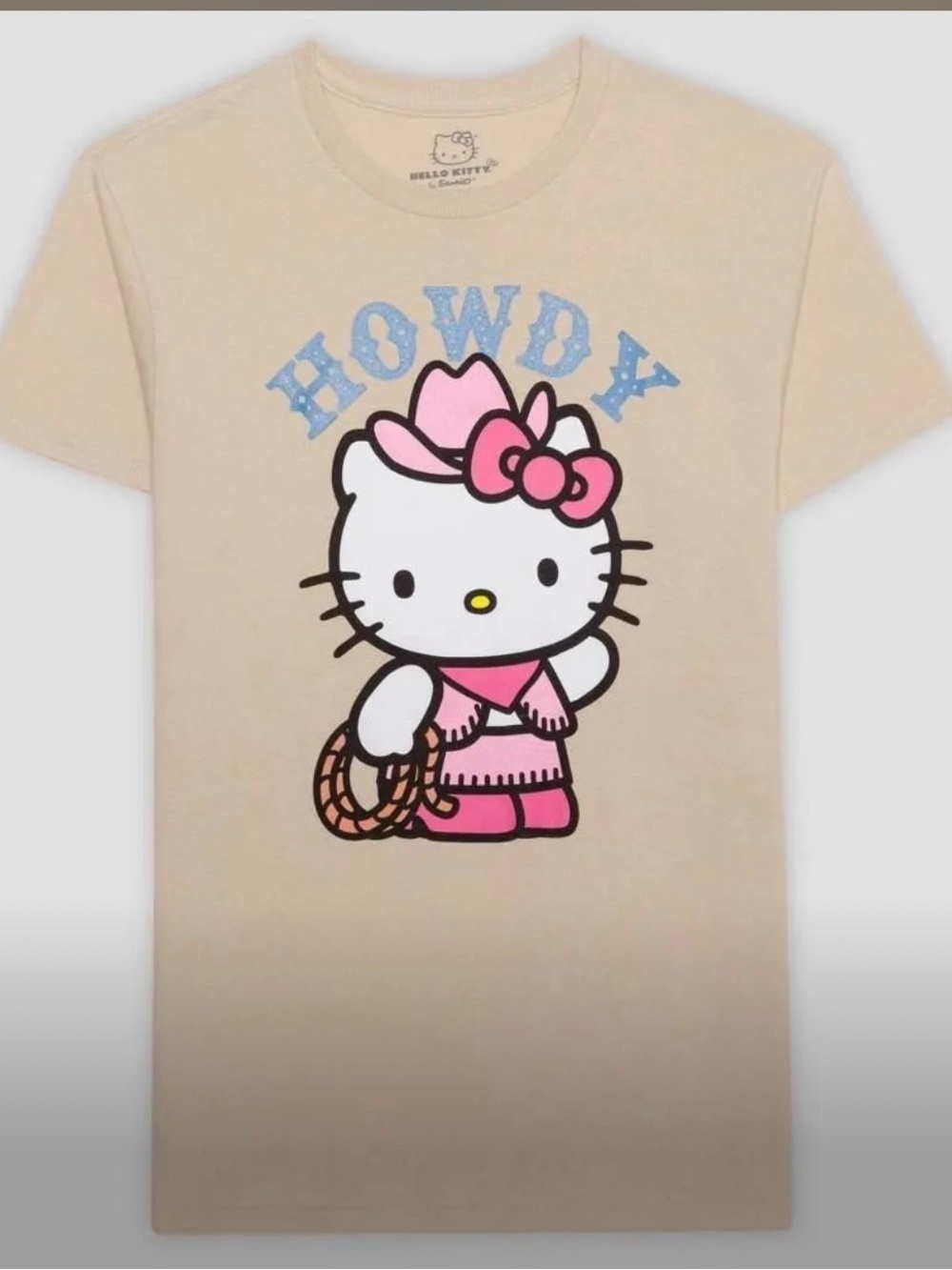 Hello Kitty Tan Tee with Pink Cowboy Graphic and Blue HOWDY